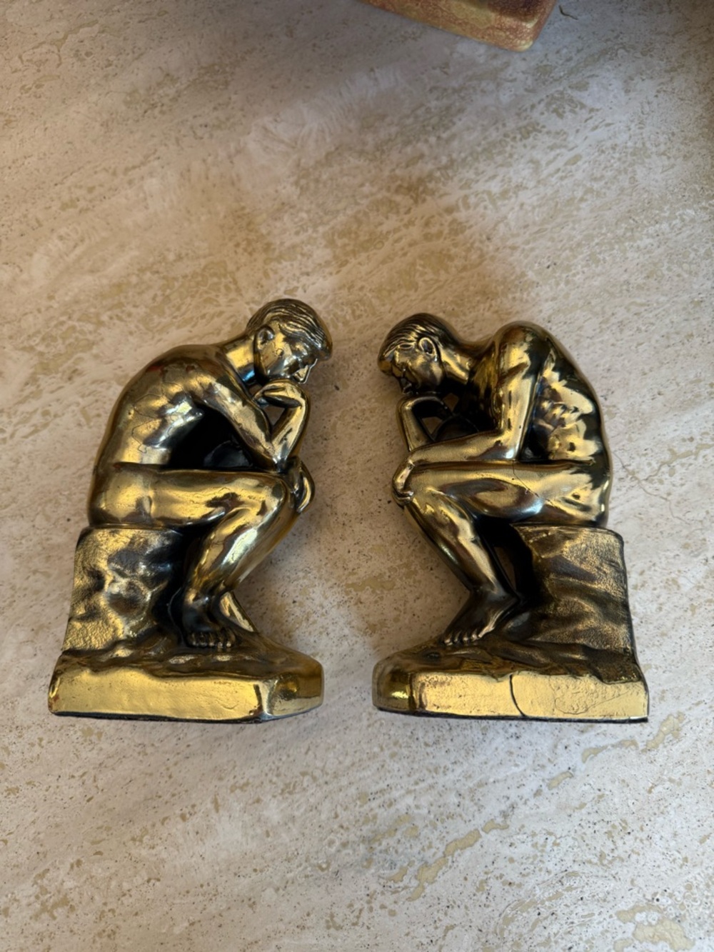 Vintage Brass The Thinker Sculpture Bookends - Pair